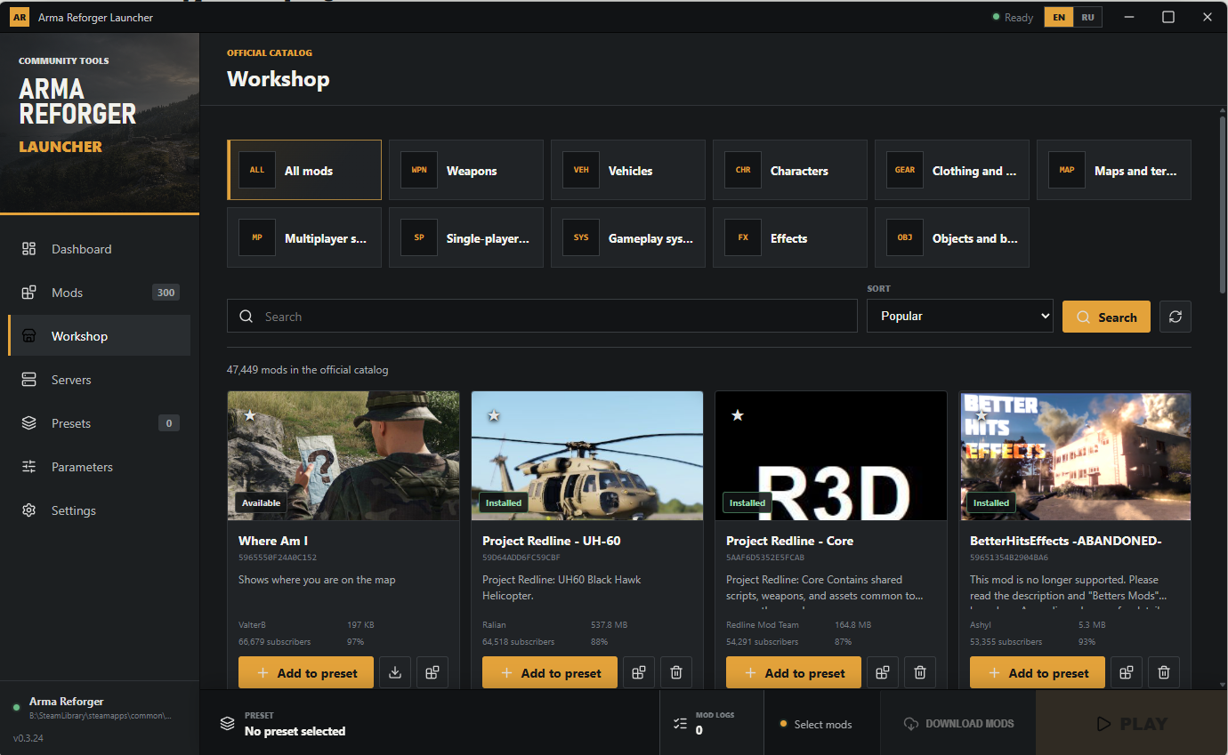 ArmaLauncher Workshop showing available mods